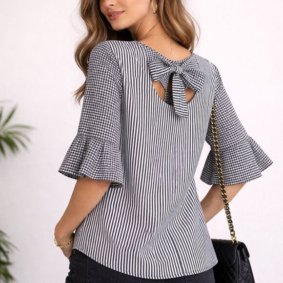 Cupio Tops - New Blouse Black White Top Bow Ruffle Sleeve Striped Gingham Blouse M NWOT